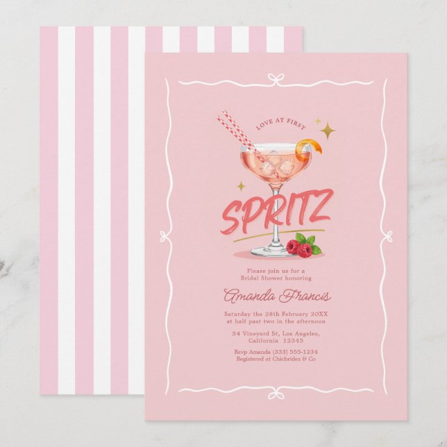 Convites Amor à Primeira Spritz Rosa Chique Chá de Noiva (Frente/Verso)