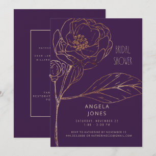 Convites Amor Ameixa Dourada Floral Chá de Noiva