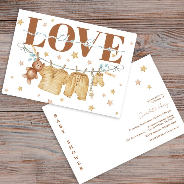 Convites Amor ao Chá de fraldas em Linha Convidado (Love On The Line, Boho Clothesline Baby Shower Invite)
