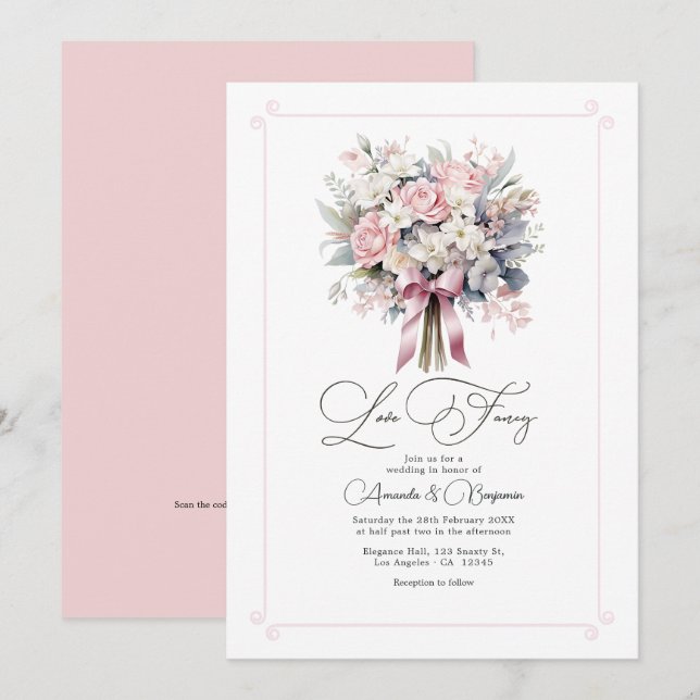 Convites Amor Caprichoso Código QR de Casamento Floral Past (Frente/Verso)