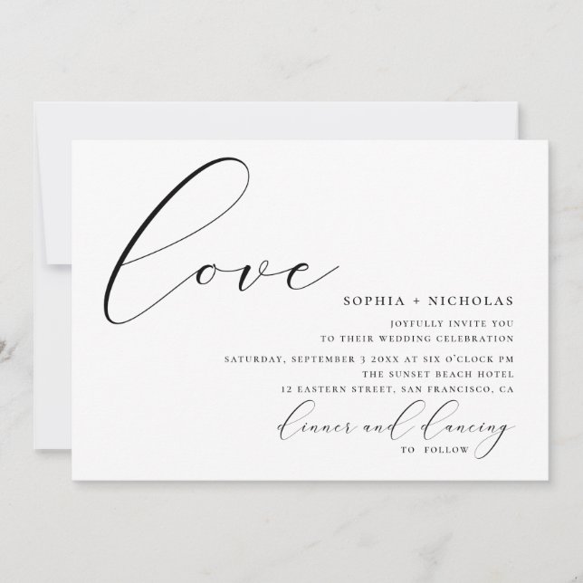 Convites Amor. Casamento de caligrafia elegante preto e bra (Frente)