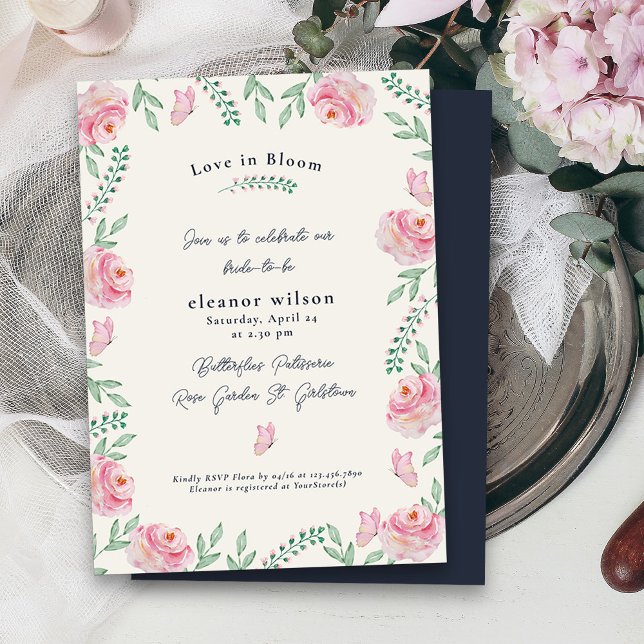 Convites Amor com Chá de panela de Borboletas Rosa Rosa San (Love in Bloom Bridal Shower invitation with pretty pink roses and butterflies)
