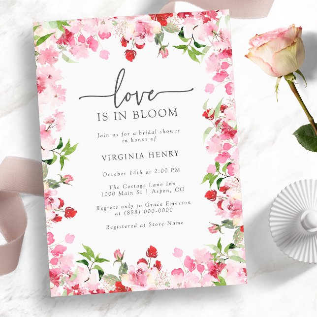 Convites Amor Com Chá de panela De Sangue (Love Is In Bloom Bridal Shower Invitation - Red and Pink Watercolor Floral)