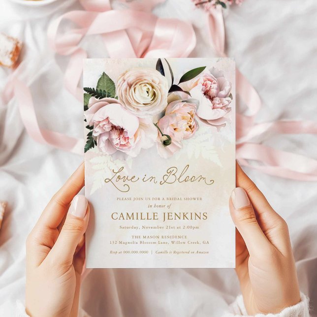 Convites Amor com Chá de panela Floral Rosa Sanguíneo (Love in Bloom Bridal Shower Invitation)