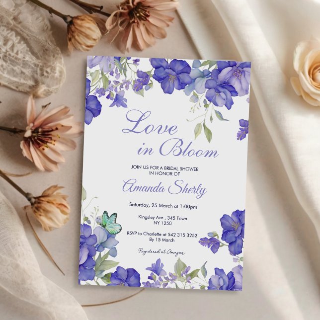 Convites Amor Com Chá de panela Roxo De Sangue (Love in Bloom Purple Bridal Shower Invite)