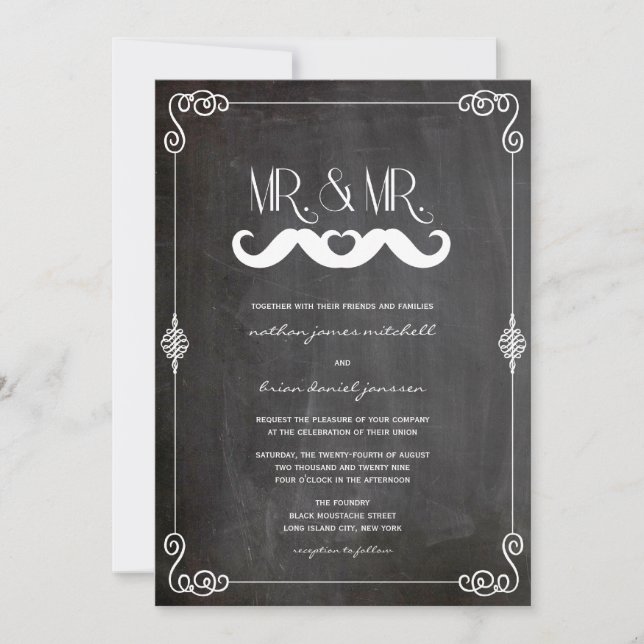 Convites Amor de Bigode Quadro-Negro Antigo Casamento Gay (Frente)