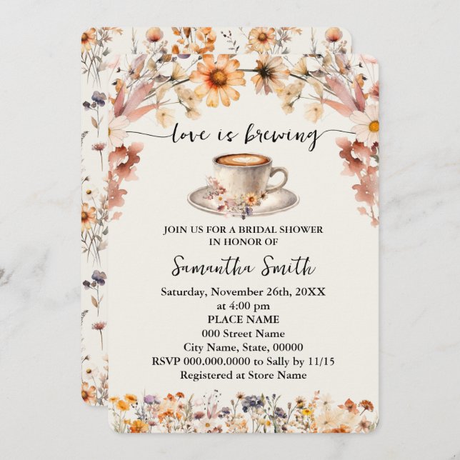 Convites Amor é Criar Chá de panela Café Flores Selvagens (Frente/Verso)