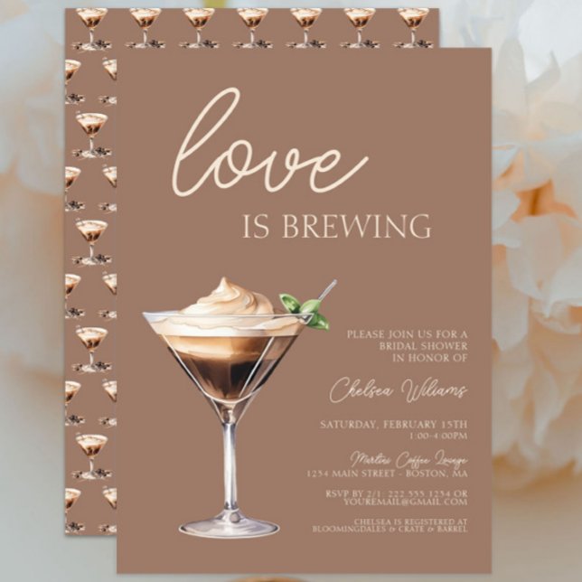 Convites Amor é Criar Chá de panela Espresso Martini (Love is brewing Espresso Martini Bridal Shower Invitation, Bridal Brunch, Brown, Modern Chic Trendy)