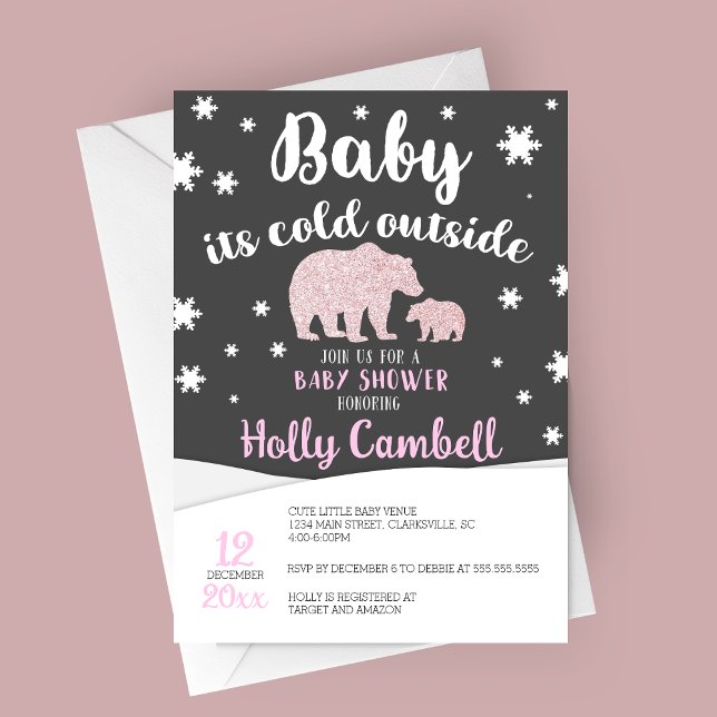 Convites Amor É frio fora do Chá de fraldas do Urso Polar (Baby It's Cold Outside, Polar Bear Winter Baby Shower Invitation in Pink)