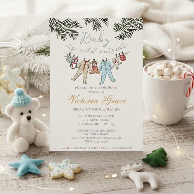 Convites Amor é frio fora do sexo Chá de fraldas neutro (Cute Baby It's Cold Outside Winter Baby Shower Invitations. Xmas Baby Pajamas, Stuffed Animals, Pine)
