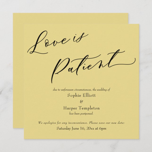 Convites Amor é Patient Custard Postpond Wedding Card (Frente/Verso)