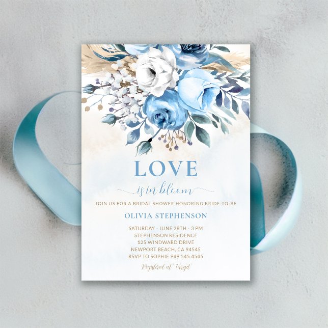 Convites Amor em Bloom Algo Rosa Azul Chá de panela (something blue bridal shower invitation dusty roses wheat watercolor romantic garden backyard)