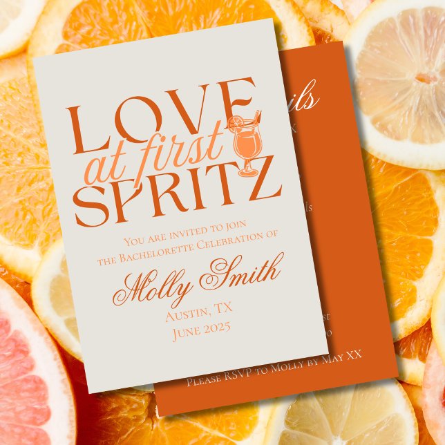 Convites Amor em First Spritz - Diversão da Bachelorette La (Love at First Spritz invite with modern orange font – perfect for engagement or bridal celebrations!)
