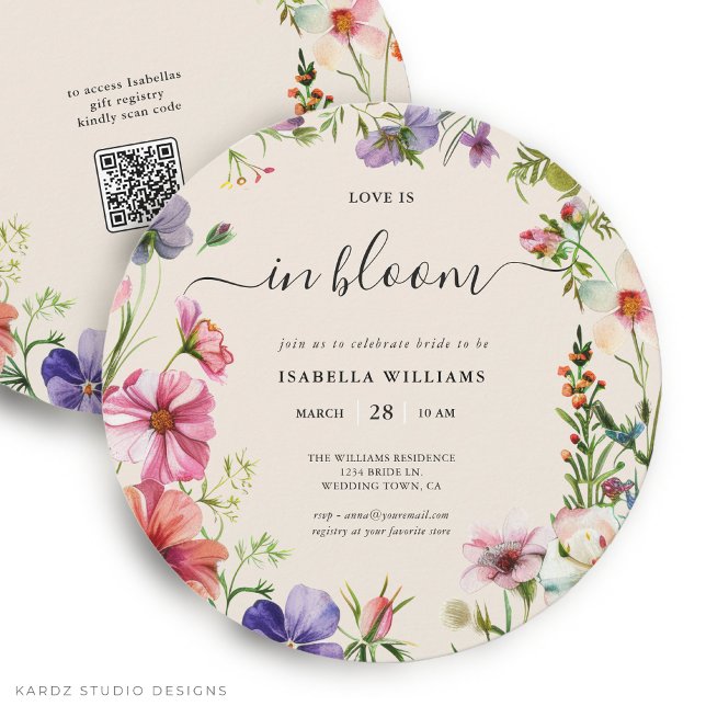 Convites Amor em Flor Chá de Noiva de Primavera (Bridal Shower Invitation is shown in round size 5.25 inches. Other sizes and digital available.)