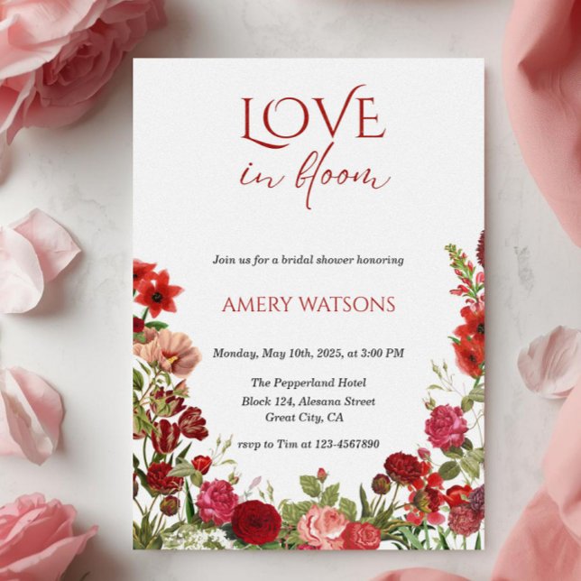 Convites Amor em Flor Chuva de Flores no Chá de Noiva (red floral invitation, red bridal shower invitation, calligraphy, garden spring outdoor bridal showe)