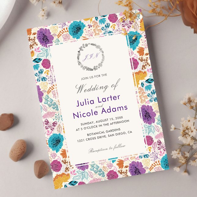 Convites Amor em Flor Floral Romântico Rosa Roxo Casamento (Criador carregado)