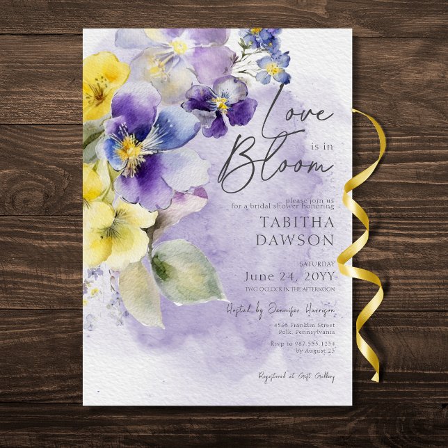 Convites Amor Floral Amarelo Roxo Ao Chá Moderno De Sangue (Purple Yellow Floral Love In Bloom Modern Shower Invitation)