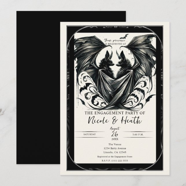Convites Amor Gótico Morcegos Prata Creme Preto Noivado (Frente/Verso)
