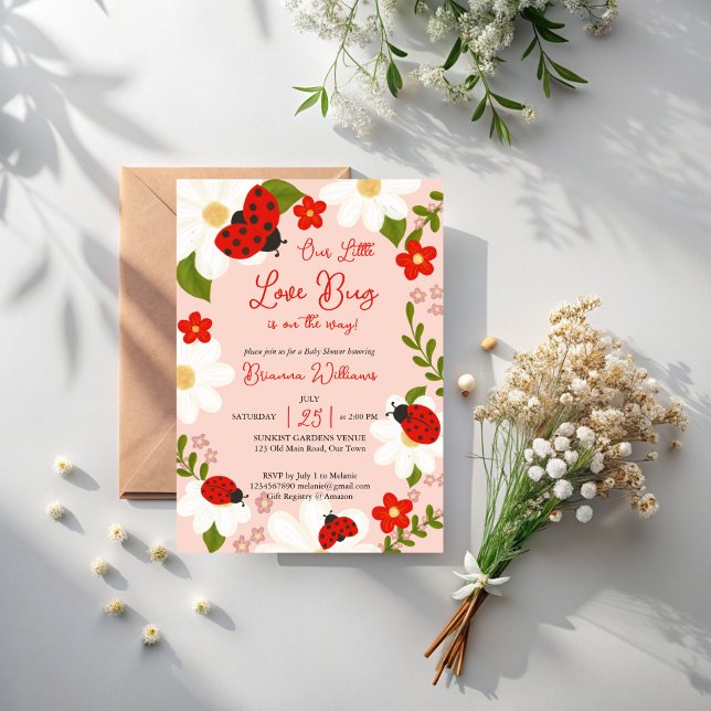 Convites Amor inseto chá de fraldas de joaninha giro (Love bug cute ladybug daisies summer garden pink girls baby shower whimsical invitation template)