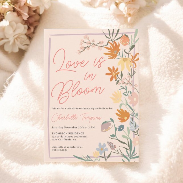 Convites Amor no Bloom Boho Floral Chá de panela (Love in Bloom Boho Floral Wildflower Bridal Shower Invitation)