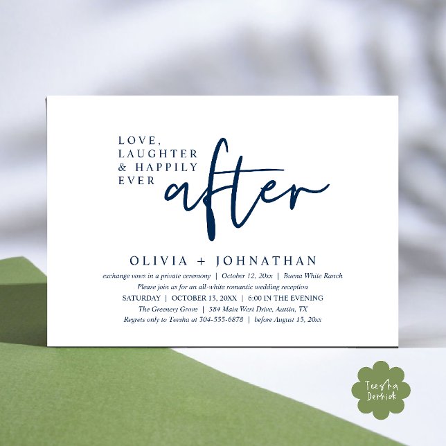 Convites Amor, Rir E Feliz Sempre Após A Recepção (Love, Laughter And Happily Ever After Reception Modern Minimalist Invitation Card PDF Navy Blue)