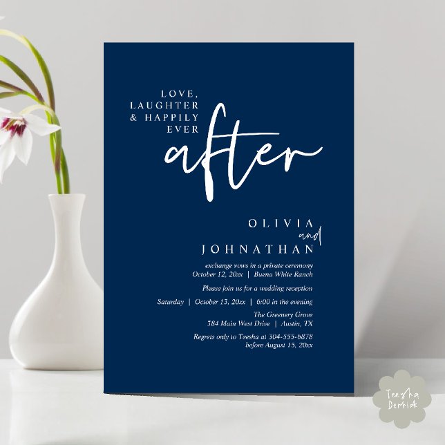 Convites Amor, Rir E Feliz Sempre Após A Recepção (Love, Laughter And Happily Ever After Reception Modern Minimalist Invitation Card PDF Navy Blue)