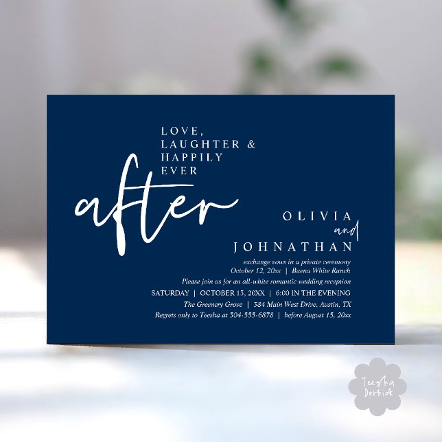 Convites Amor, Rir E Feliz Sempre Após A Recepção (Love, Laughter And Happily Ever After Reception Modern Minimalist Invitation Card PDF Navy Blue)