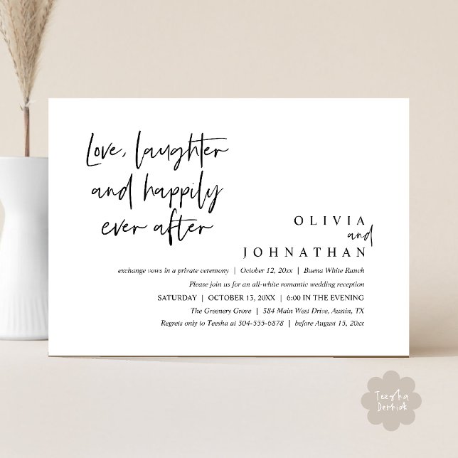Convites Amor, Rir E Feliz Sempre Após A Recepção (Love, Laughter And Happily Ever After Reception Modern Minimalist Invitation Card PDF Black White)