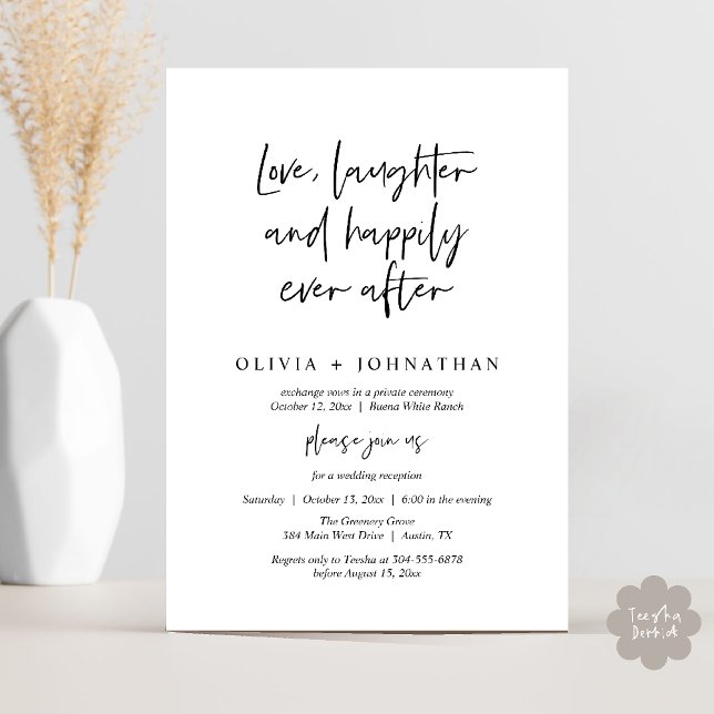 Convites Amor, Rir E Feliz Sempre Após A Recepção (Love, Laughter And Happily Ever After Reception Modern Minimalist Invitation Card PDF Black White)