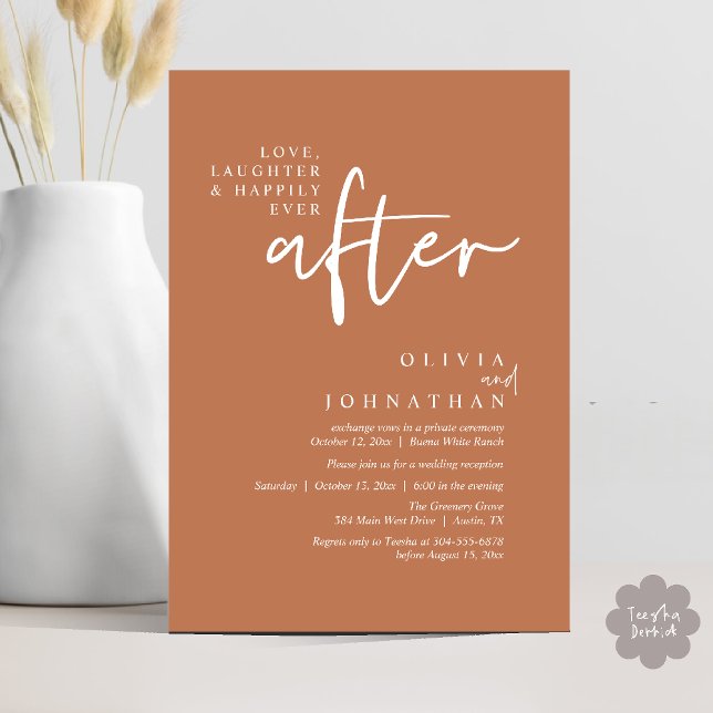 Convites Amor, Rir E Feliz Sempre Após A Recepção (Love, Laughter And Happily Ever After Reception Modern Minimalist Invitation Card PDF Copper Brown)