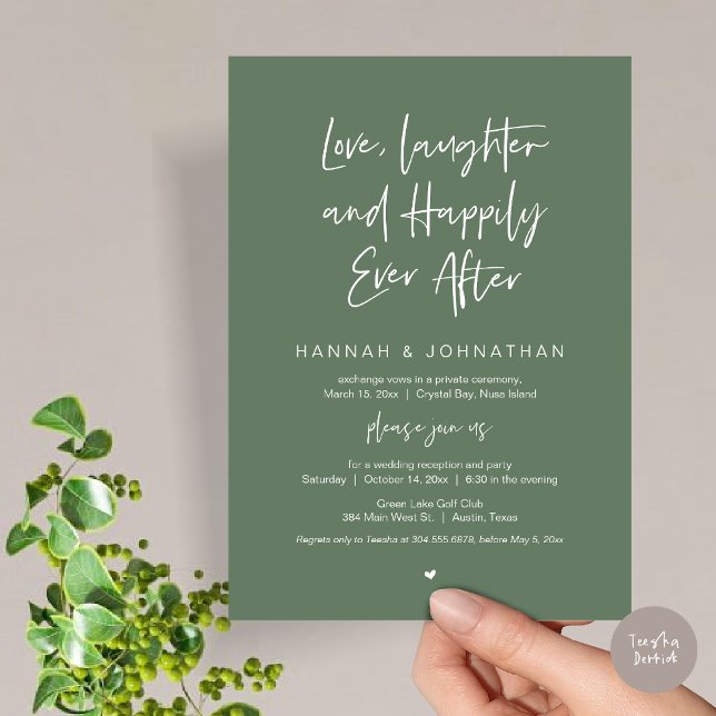 Convites Amor, Rir, Negro, Festa de Elopemento de Casamento (Love Laughter Happily Ever After Wedding Elopement Dinner Party Invitation Card, PDF, Sage Green)
