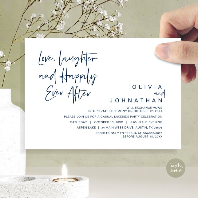 Convites Amor, risadas e Felizes para sempre, Fuga romântic (Love, Laughter and Happily ever after, Modern Wedding Elopement Invitation Card, PDF, in Navy Blue)