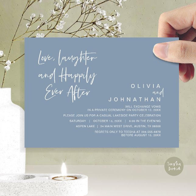 Convites Amor, riso e alegria para sempre, Elopement I (Love, Laughter and Happily Ever After, Wedding Elopement Dinner Invitation Card, in Dusty Blue)