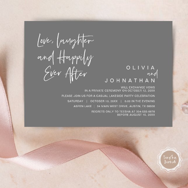 Convites Amor, riso e alegria para sempre, Elopement I (Love, Laughter and Happily Ever After, Wedding Elopement Dinner Invitation Card, in Dark Grey)