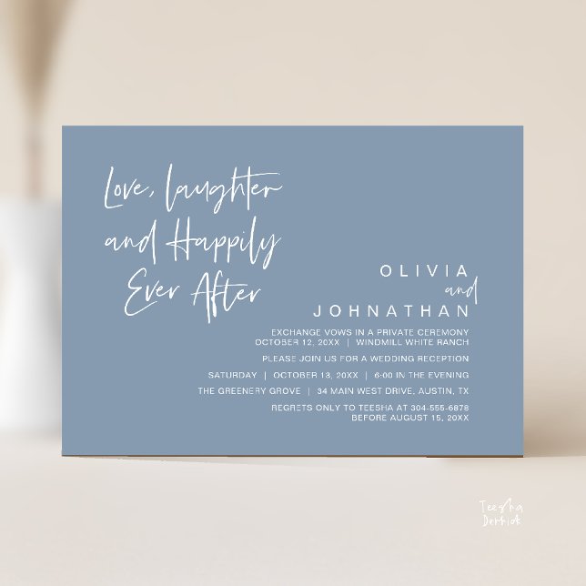 Convites Amor, riso e alegria para sempre, moderno (Love, Laughter and Happily Ever After, Modern Boho Wedding Invitation Card PDF Dusty Blue)