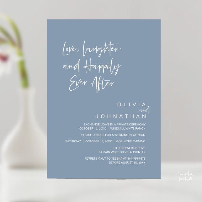 Convites Amor, riso e alegria para sempre, moderno (Love, Laughter and Happily Ever After, Modern Boho Wedding Invitation Card PDF Dusty Blue)
