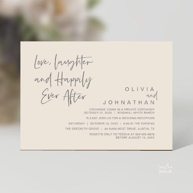 Convites Amor, riso e alegria para sempre, moderno (Love, Laughter and Happily Ever After, Modern Boho Wedding Invitation Card PDF Cream Grey)