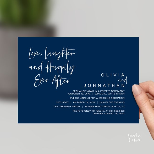 Convites Amor, riso e alegria para sempre, moderno (Love, Laughter and Happily Ever After, Modern Boho Wedding Invites Card PDF Navy Blue)