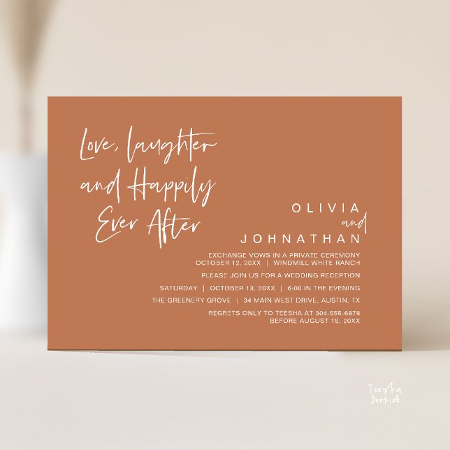 Convites Amor, riso e alegria para sempre, moderno (Love, Laughter and Happily Ever After, Modern Boho Wedding Invites Card PDF Brown Copper Terracotta)