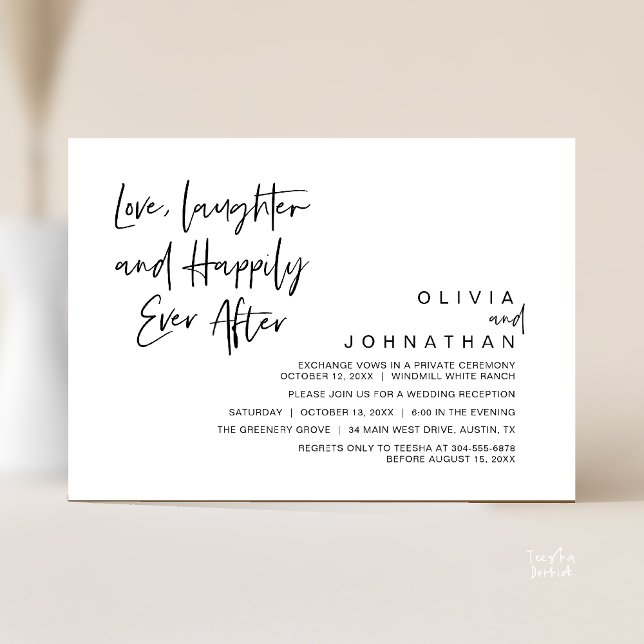 Convites Amor, riso e alegria para sempre, moderno (Love, Laughter and Happily Ever After, Modern Boho Wedding Invitation Card PDF Black White)