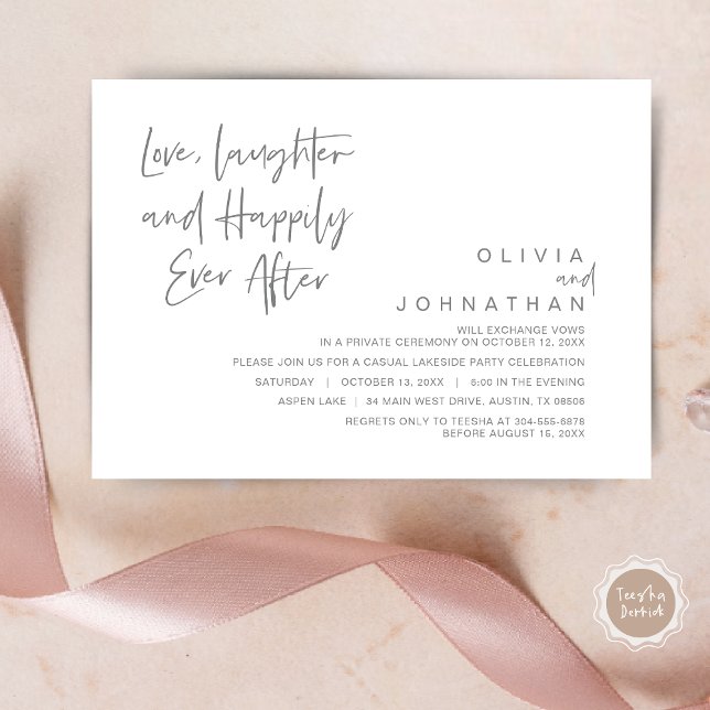 Convites Amor, Riso e Felicidade para Sempre, Fuga I (Love, Laughter and Happily ever after, Modern Wedding Elopement Invitation Card, PDF, in Dark Grey)