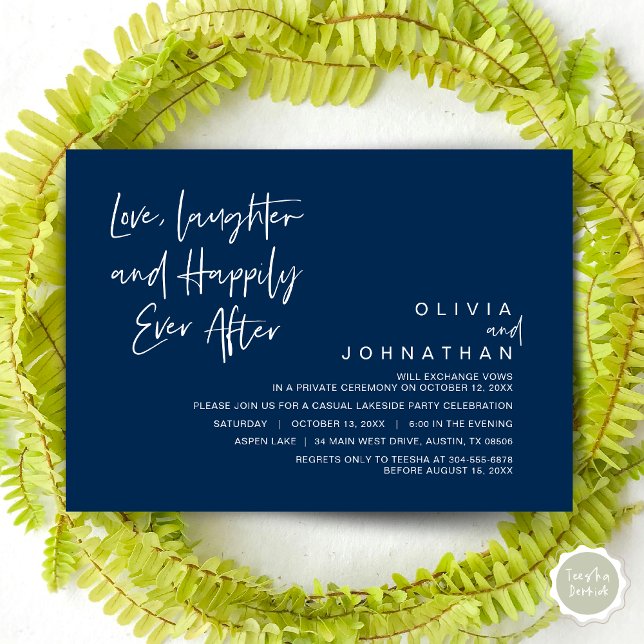 Convites Amor, Riso e Felicidade para Sempre, Fuga Romântic (Love, Laughter and Happily ever after, Modern Wedding Elopement Invitation Card, PDF, in Navy Blue)