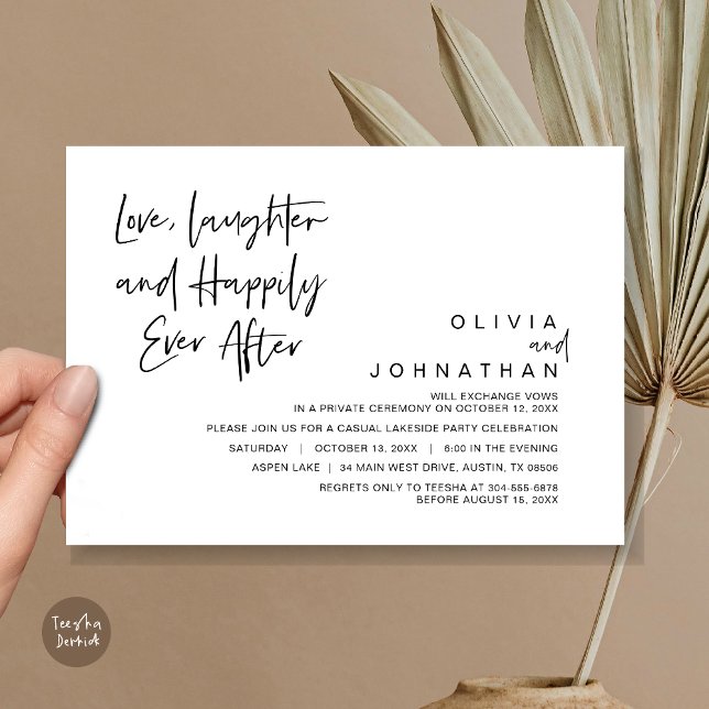 Convites Amor, Riso e Felizes para Sempre, Fuga Romântica (Love, Laughter and Happily ever after, Modern Wedding Elopement Invitation Card, PDF, in Black)