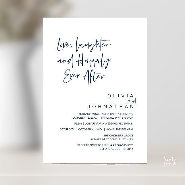 Convites Amor, Riso e Felizes para Sempre, Moderno (Love, Laughter and Happily Ever After, Modern Boho Wedding Invites Card PDF Navy Blue)