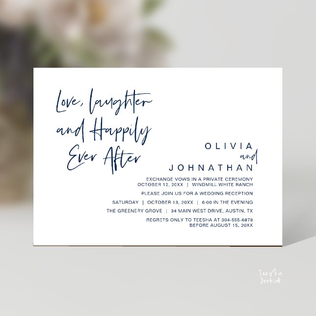 Convites Amor, Riso e Felizes para Sempre, Moderno (Love, Laughter and Happily Ever After, Modern Boho Wedding Invites Card PDF Navy Blue)