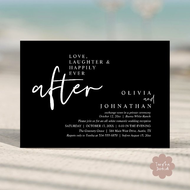 Convites Amor, Riso E Recepção Feliz Para Sempre (Love, Laughter And Happily Ever After Reception Modern Minimalist Invitation Card PDF Classy Black)