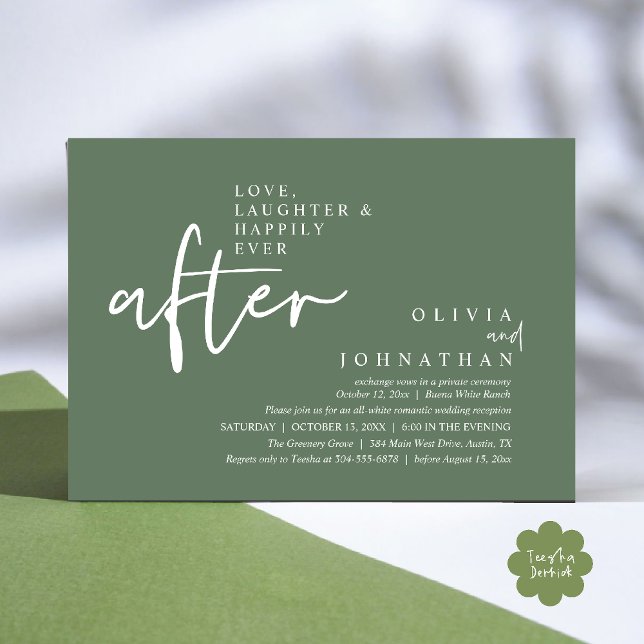 Convites Amor, Riso E Recepção Feliz Para Sempre (Love, Laughter And Happily Ever After Reception Modern Minimalist Invitation Card PDF Sage Green)