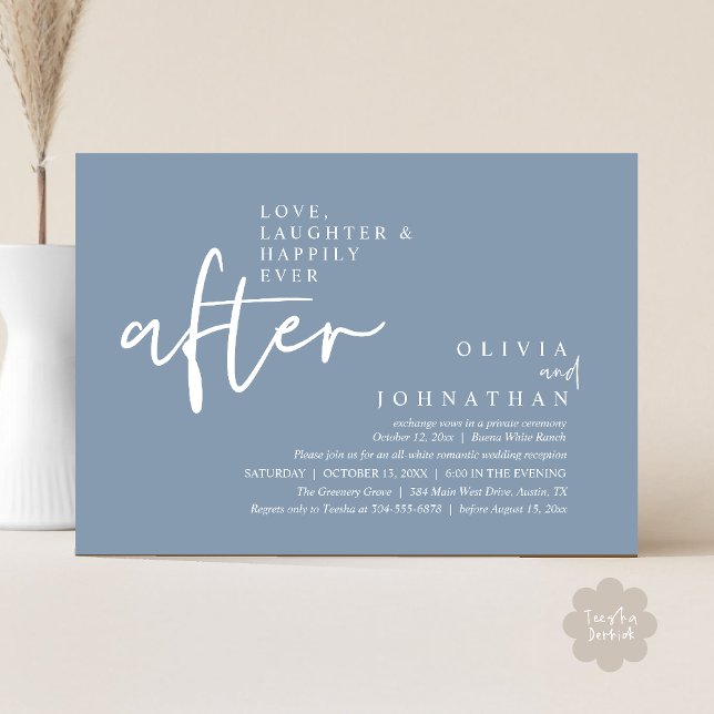 Convites Amor, Riso E Recepção Felizes Para Sempre (Love, Laughter And Happily Ever After Reception Modern Minimalist Invitation Card PDF Dusty Blue)