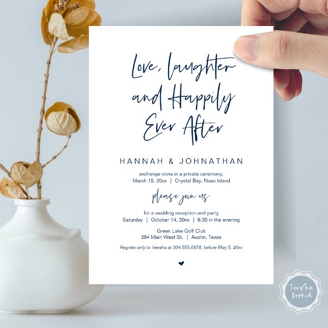 Convites Amor, Risos, Azul Marinho, Festa de Casamento Ínti (Love Laughter Happily Ever After Wedding Elopement Dinner Party Invitation Card, PDF, Navy Blue)