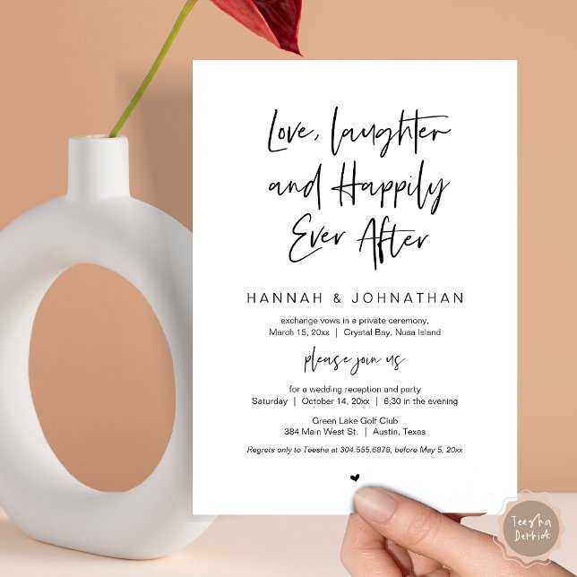 Convites Amor, Risos, Preto, Festa de Casamento Fugitivo (Love Laughter Happily Ever After Wedding Elopement Dinner Party Invitation Card, PDF, White Black)
